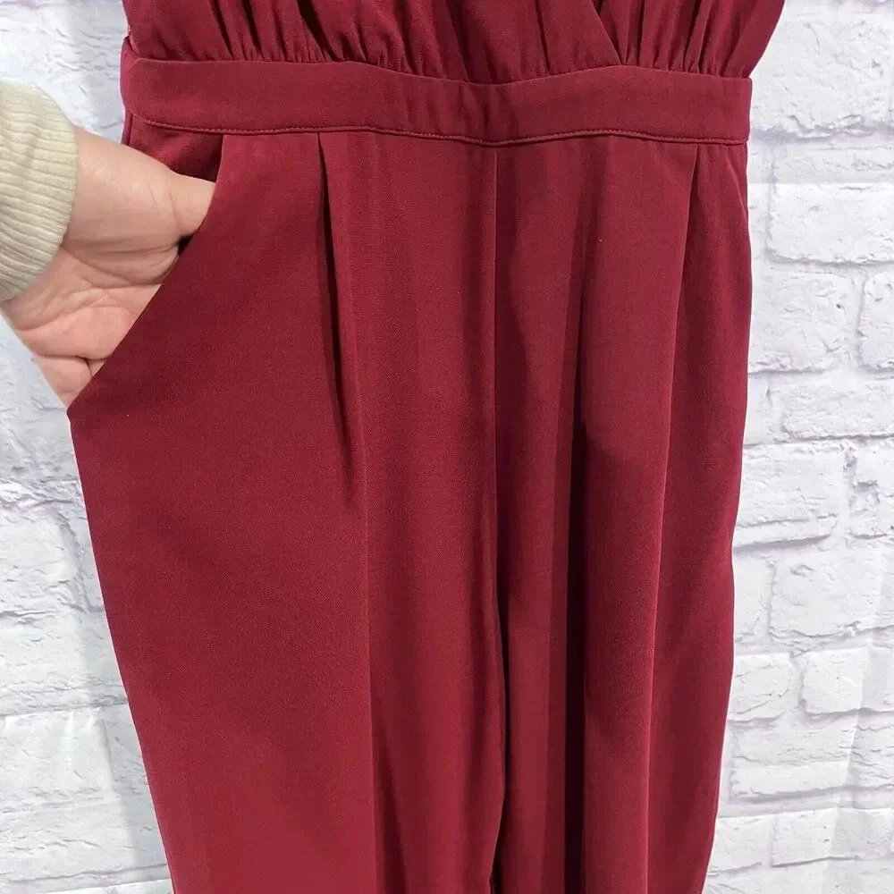 Lulu’s Women's Burgundy Kiska Lace Back Wide Leg Jumpsuit side Pockets Medium - Picture 8 of 16